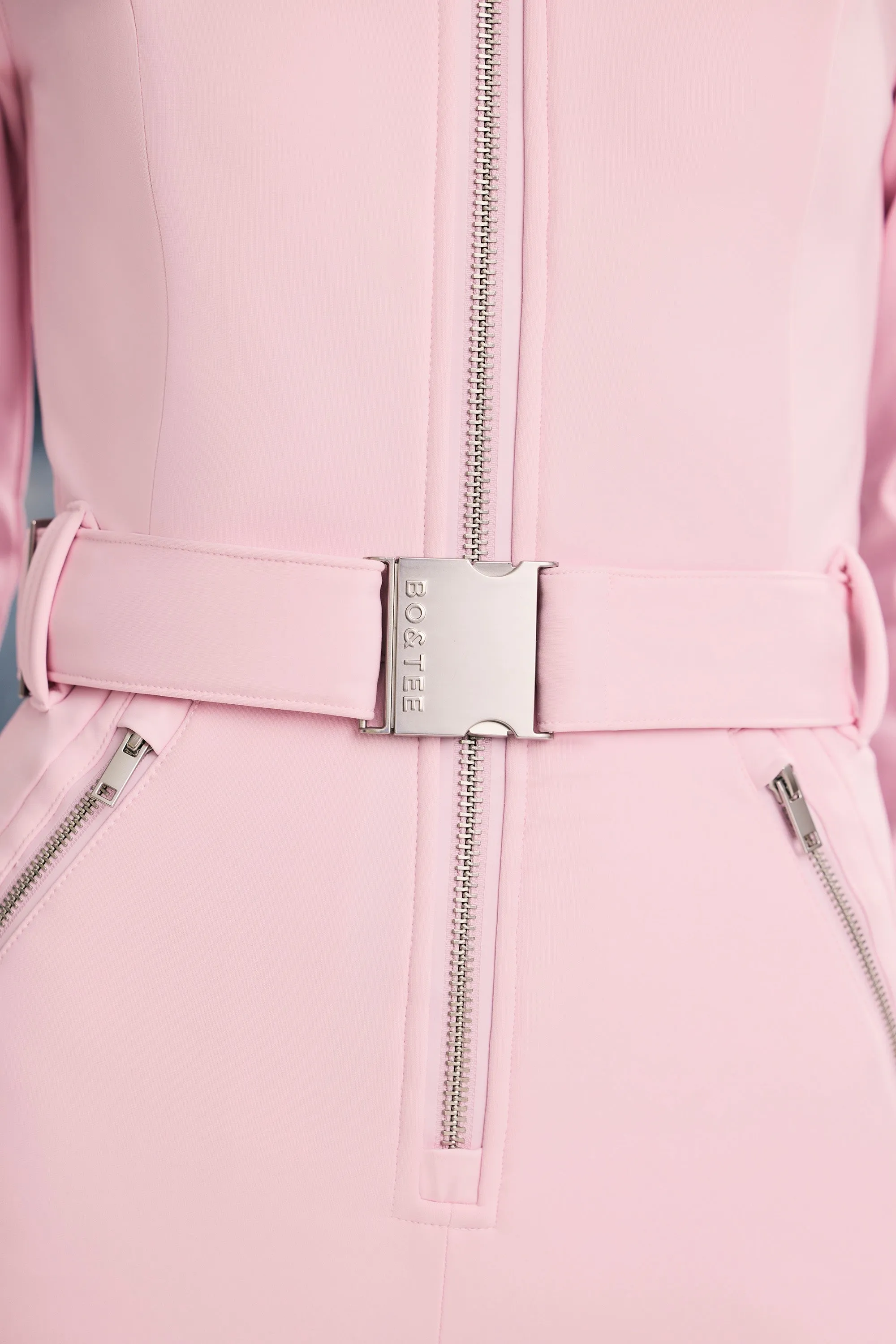 Fleece-Lined Belted Ski Suit in Pastel Pink