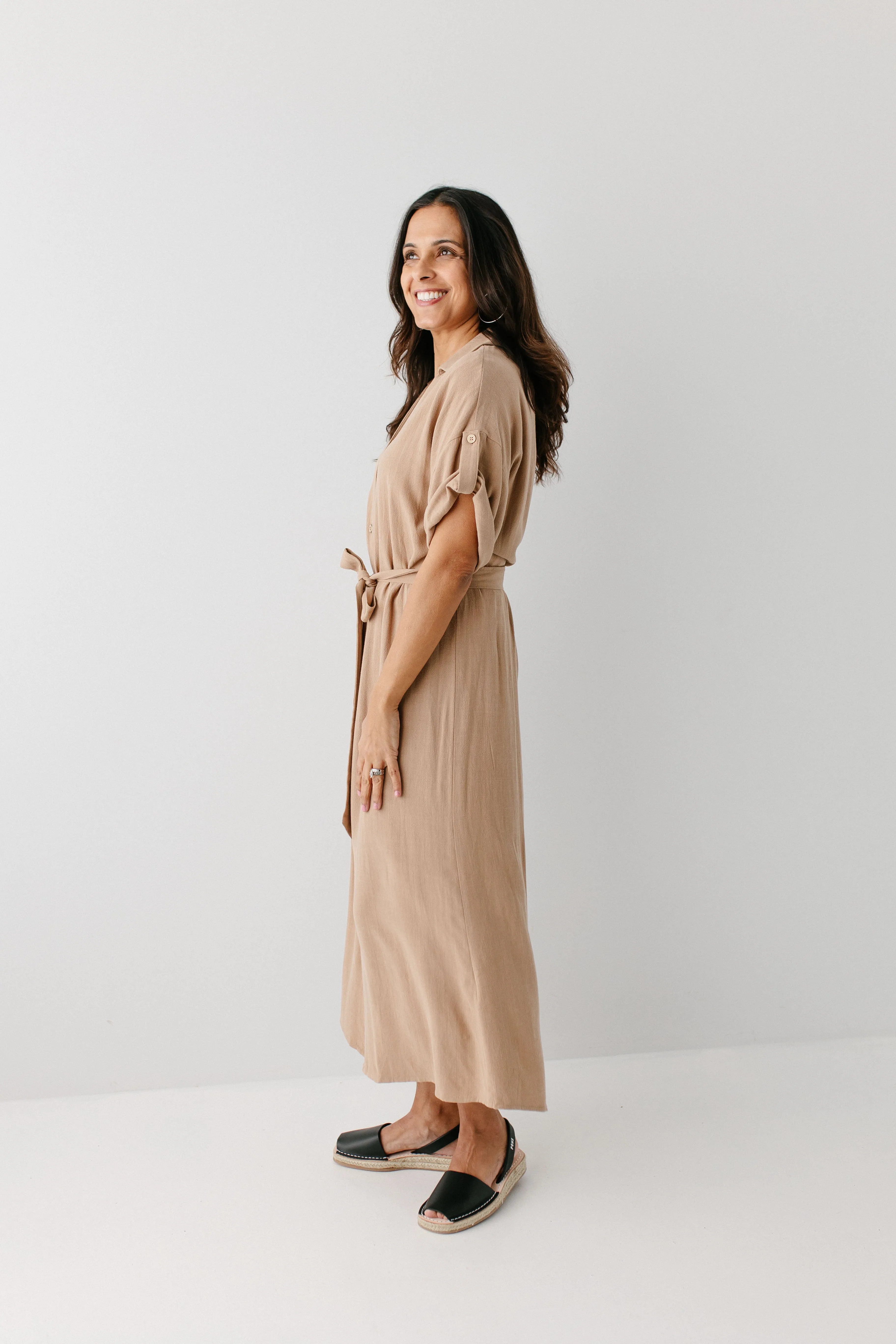 'Kienna' Button Down Collared Midi Dress in Taupe FINAL SALE