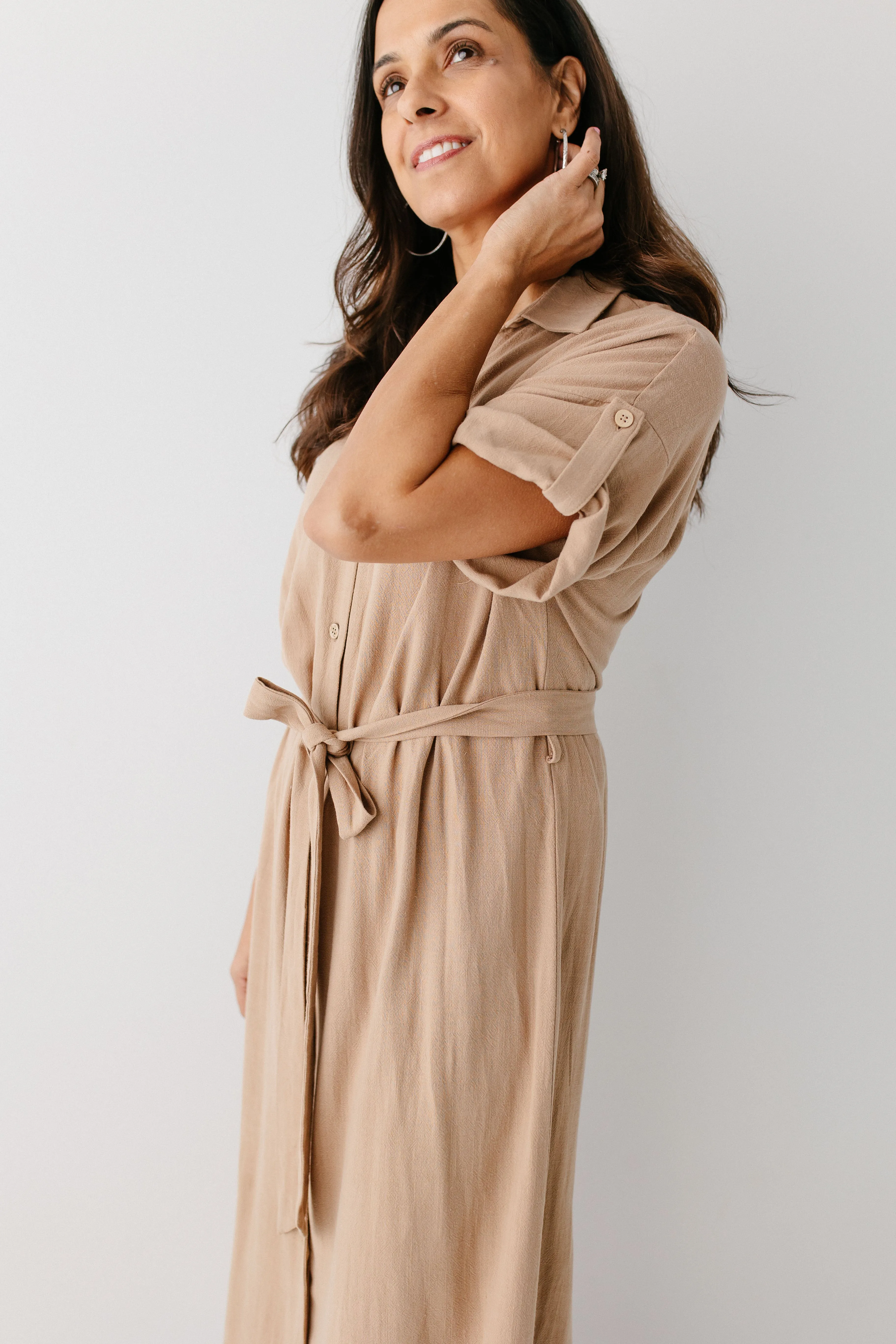 'Kienna' Button Down Collared Midi Dress in Taupe FINAL SALE